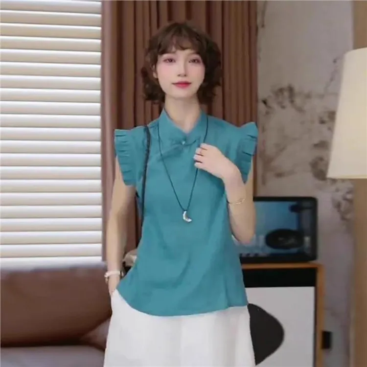 新中式国风无袖上衣女夏季2025新款设计感复古时尚飞飞袖轻薄衬衫