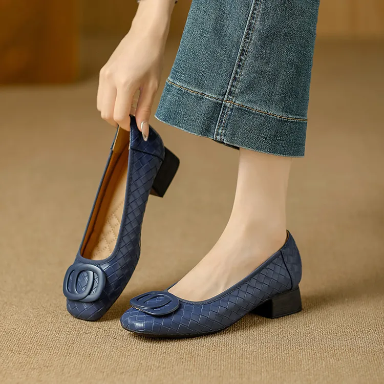 艾菲邦媚女鞋小羊皮巨好穿法式单鞋女春款方头浅口粗跟新款奶奶鞋