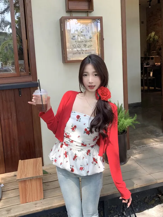 大码胖mm复古纯欲风碎花抹胸背心女夏季红色长袖开衫上衣两件套