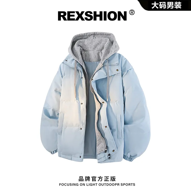 REXSHION冬季假两件保暖拼接撞色羽绒服外套男士时尚宽松新款男装