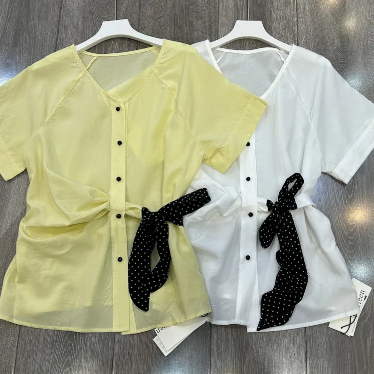 V领夏季韩版气质衬衣泡泡袖短袖常规款纽扣蝴蝶结收腰显瘦休衬衫