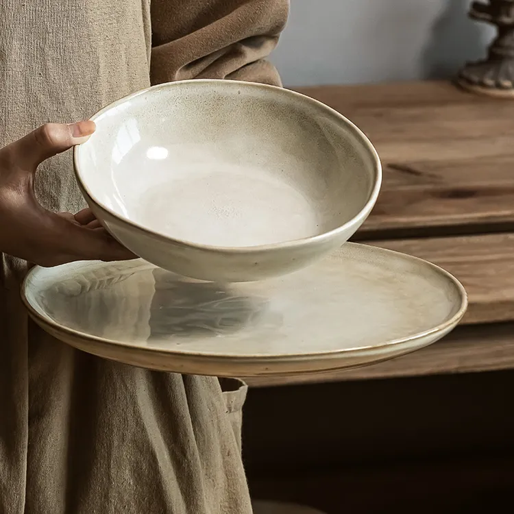 日式复古陶瓷碗盘特色异形碗盘家用餐具菜碗沙拉碗实用大盘西餐盘