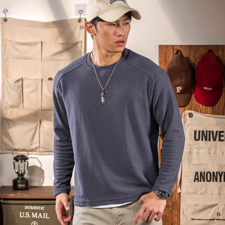 美式复古华夫格长袖t恤男 灰色插肩袖宽松2025秋季新款打底衫上衣