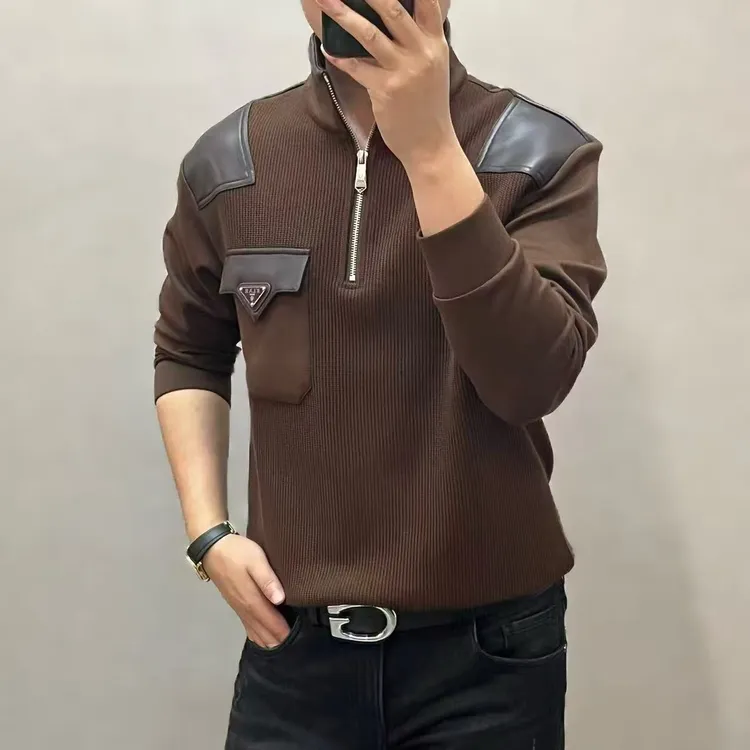 新款高端男士时尚拼接口袋半拉链立领卫衣69601