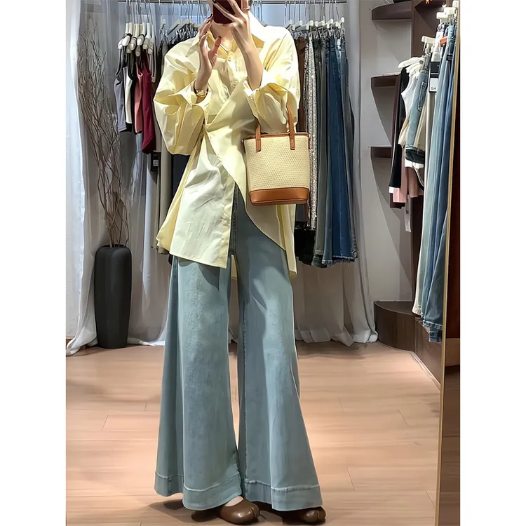 韩系黄色长袖薄款防晒衬衫衬衣上衣微喇牛仔裤裤子高腰直筒喇叭裤
