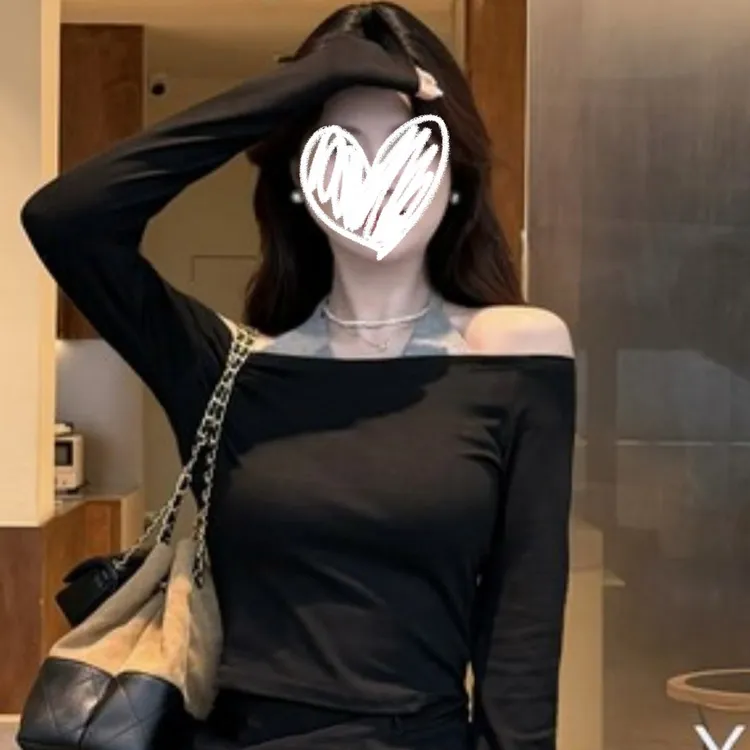 艺等韩系假两件一字肩挂脖长袖T恤秋季2025新款气质显瘦修身上衣