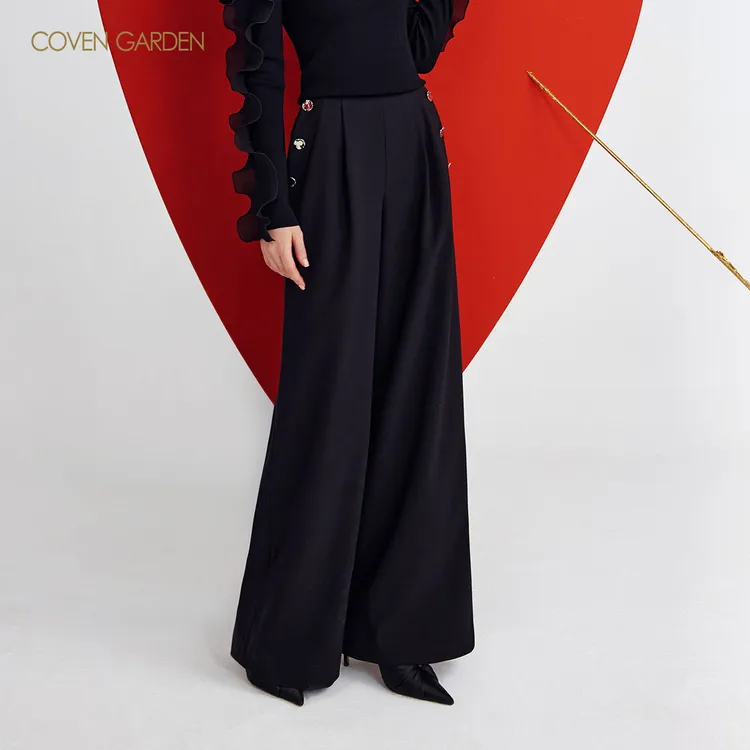 【哥文花园】黑色高腰梭织长裤阔腿裤CSA3067140