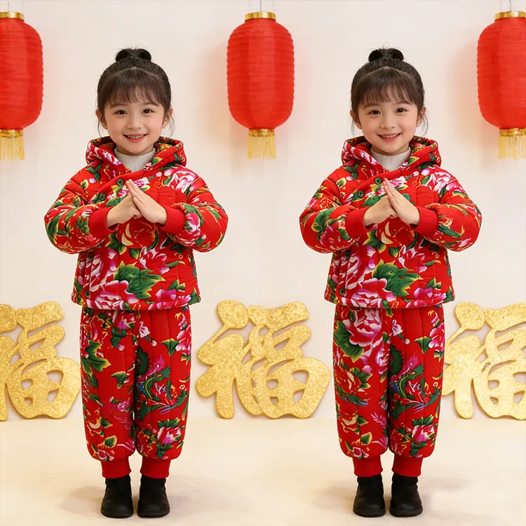 东北大花童装两件套年服儿童加绒保暖套装女童土潮时髦喜庆拜年服