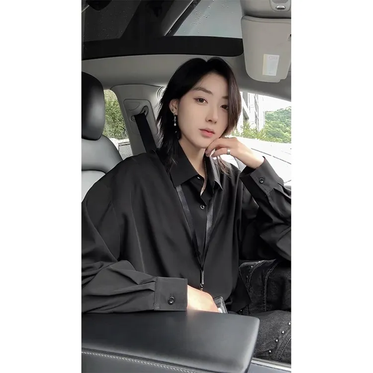 黑色长袖衬衫男女秋季高级感痞帅内搭垂感西装内搭dk制服衬衣外套
