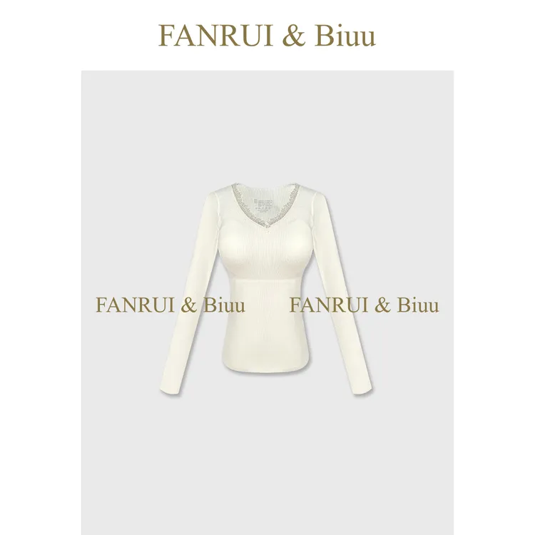FANRUI/泛芮「简雅横纹」厚款加绒蕾丝拼接纯色百搭长袖上衣B19737