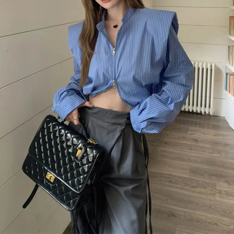 韩系条纹抽绳衬衫女秋宽松短款设计感甜辣掐腰长袖上衣