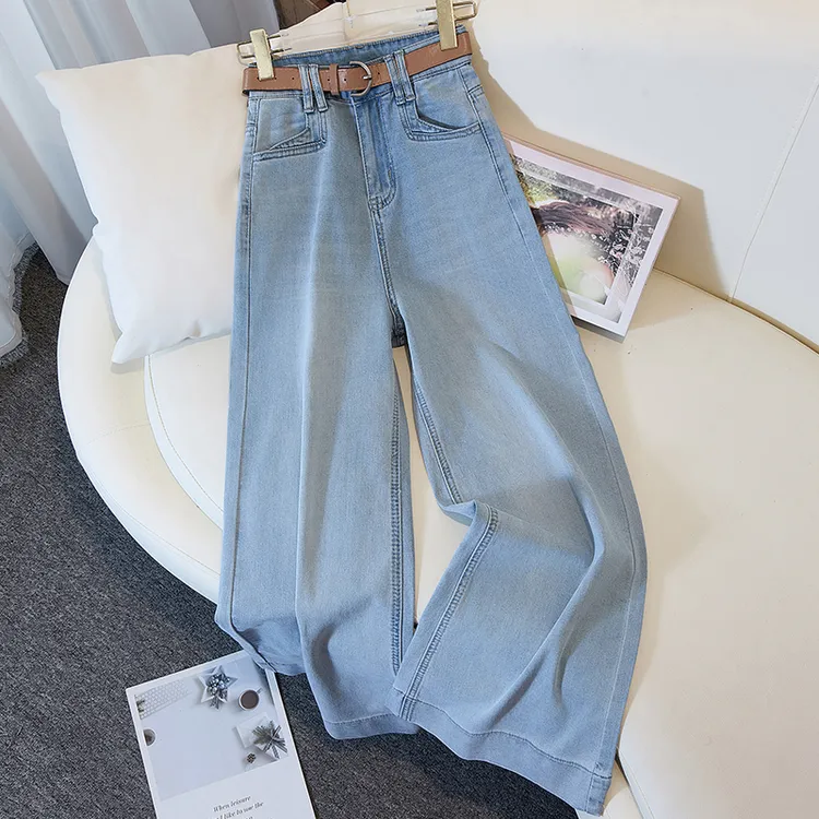 夏季高腰直筒阔腿牛仔裤女九分宽松不贴腿显瘦百搭小个子阔腿裤