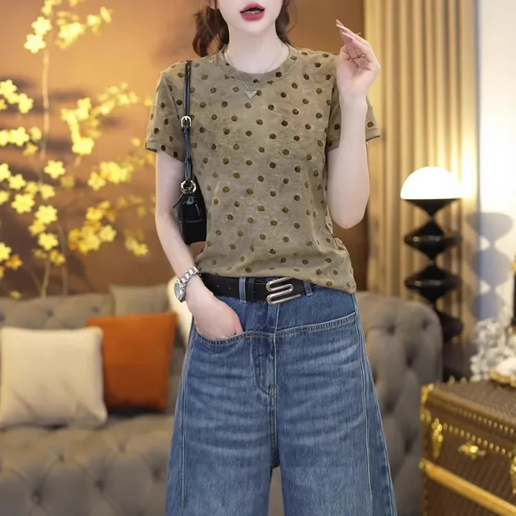 感圆领波点短袖T恤夏季大码女装胖MM显瘦百搭减龄上衣户外穿搭