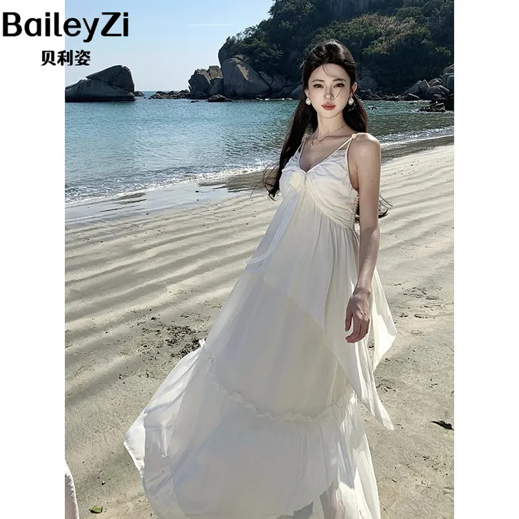 潮流夏日通勤感烧花公主袖白色连衣裙吊带中裙百搭七分袖