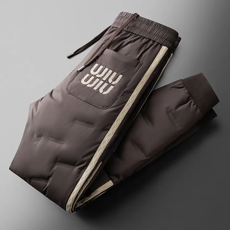 冬季时尚撞色拼接织带加厚白鸭绒户外外穿情侣男女小脚休闲羽绒裤