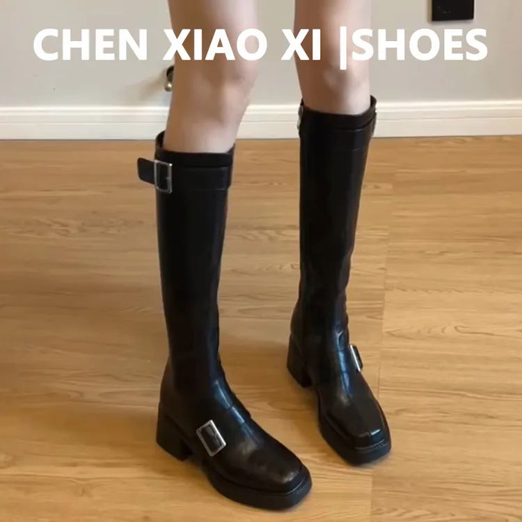 牛皮版！复古皮带扣厚底不过膝长靴粗跟长筒靴女高筒瘦瘦靴骑士靴