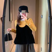2025秋款时尚韩系百搭圆领简约打底衫叠穿丝绒吊带背心两件套上衣