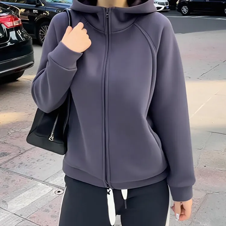 宽松慵懒双拉链连帽卫衣外套女2025秋季胖MM欧货洋气纯色开衫上衣