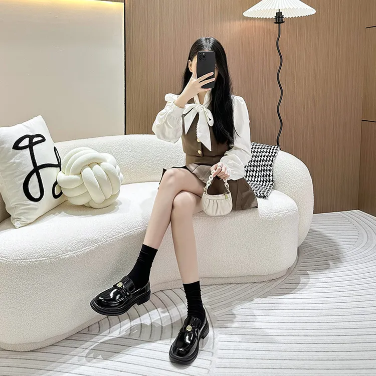 小金扣乐福小皮鞋女百搭黑色复古厚底单鞋真皮圆头一脚蹬粗跟