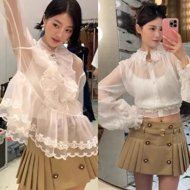 辰辰辰小店宫廷风刺绣花边白色衬衣