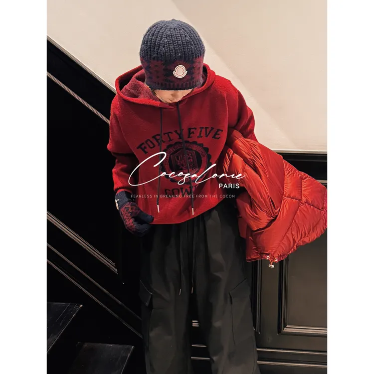 韩彬彬"徽章"绵羊毛+兔毛美式复古提花宽松百搭连帽毛衣女3470-8