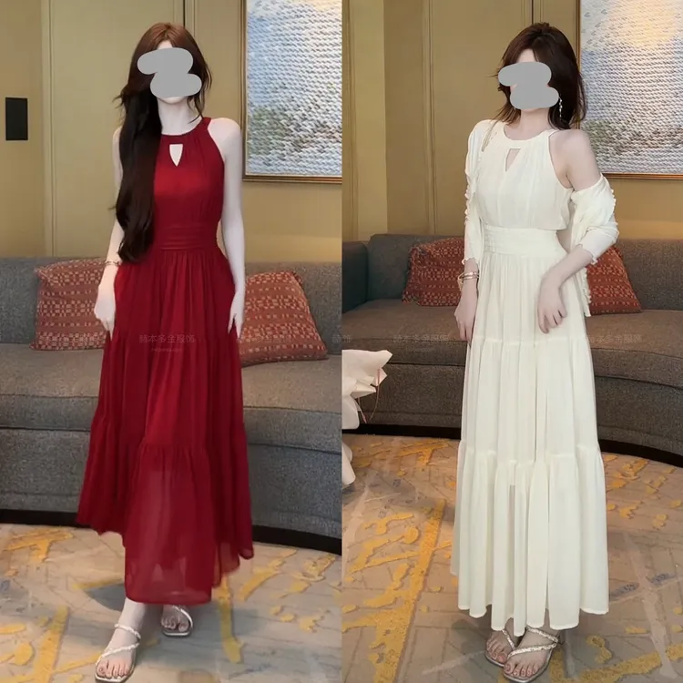 财阀千金女装度假风2025夏季气质女神无袖长款性感连衣裙收腰显瘦