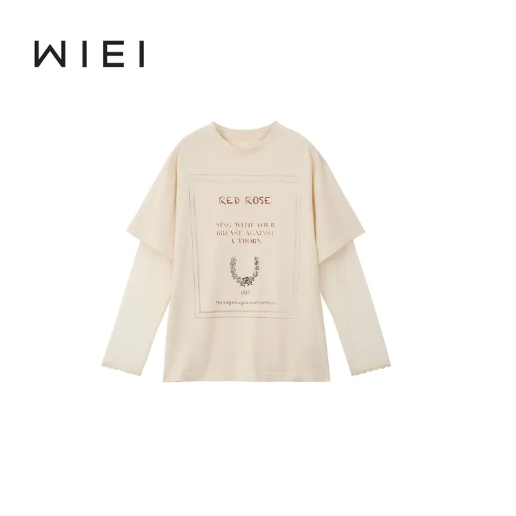 《WI EI》徽章T*复古时髦徽标印花宽松假两件长袖网纱T恤W25300114