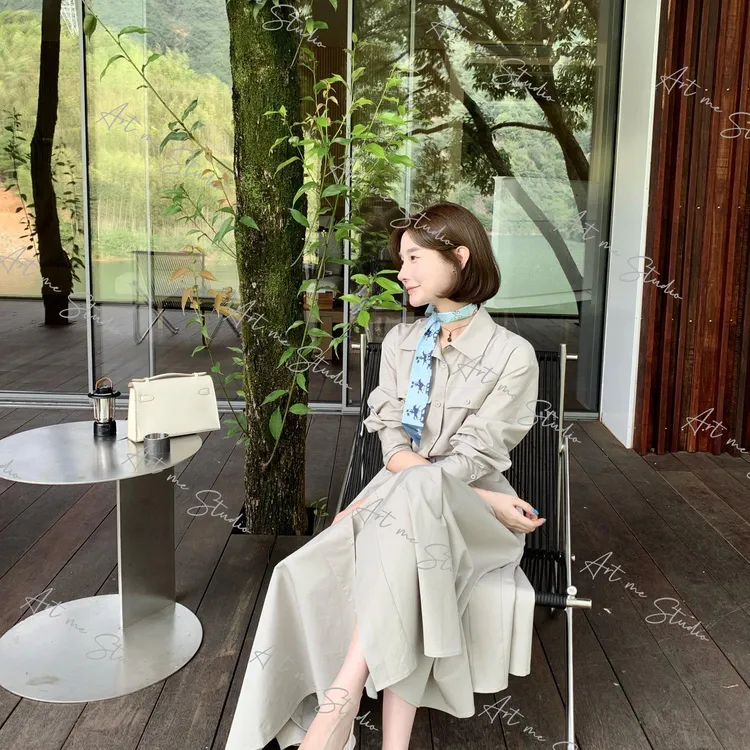 清冷学姐气质笔挺莱赛尔棉混纺收腰素雅简约超大摆连衣裙w1157w2