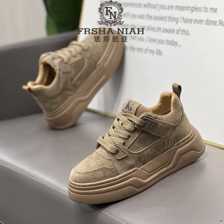 法莎尼亚轻奢男鞋秋季新款反毛皮板鞋耐磨简约时尚厚底增高老爹鞋