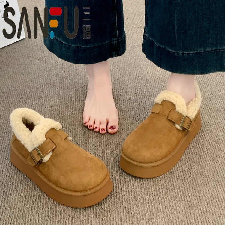 三福厚底雪地靴女加绒保暖棉鞋2025新款冬季勃肯鞋毛毛鞋乐福鞋