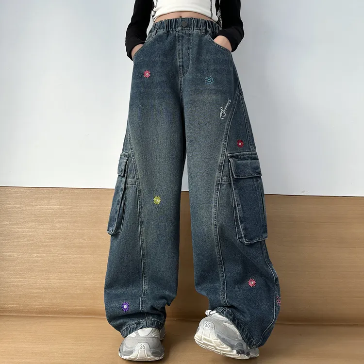 女童牛仔裤春秋季2025新款儿童女大童时髦洋气宽松阔腿裤工装裤子