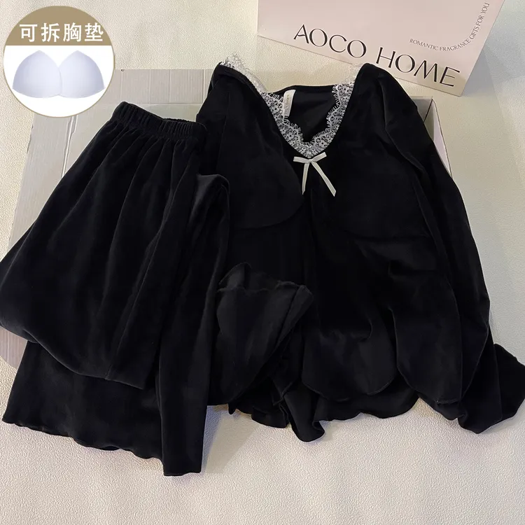 高级感海岛绒睡衣女冬季蕾丝蝴蝶结带胸垫保暖法兰绒家居服两件套