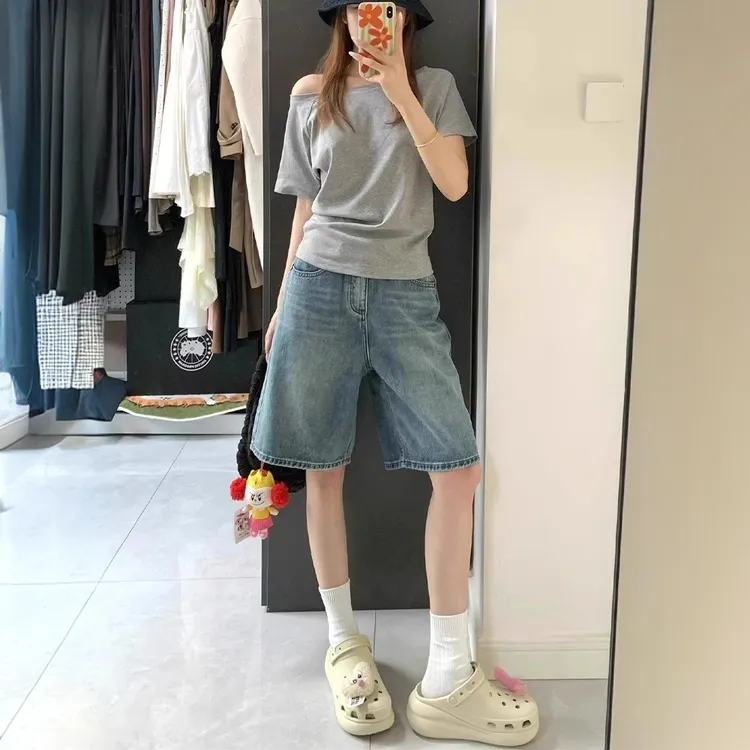 蓝色薄款牛仔夏季五分短裤女休闲高腰宽松阔腿显瘦高个子直筒中裤