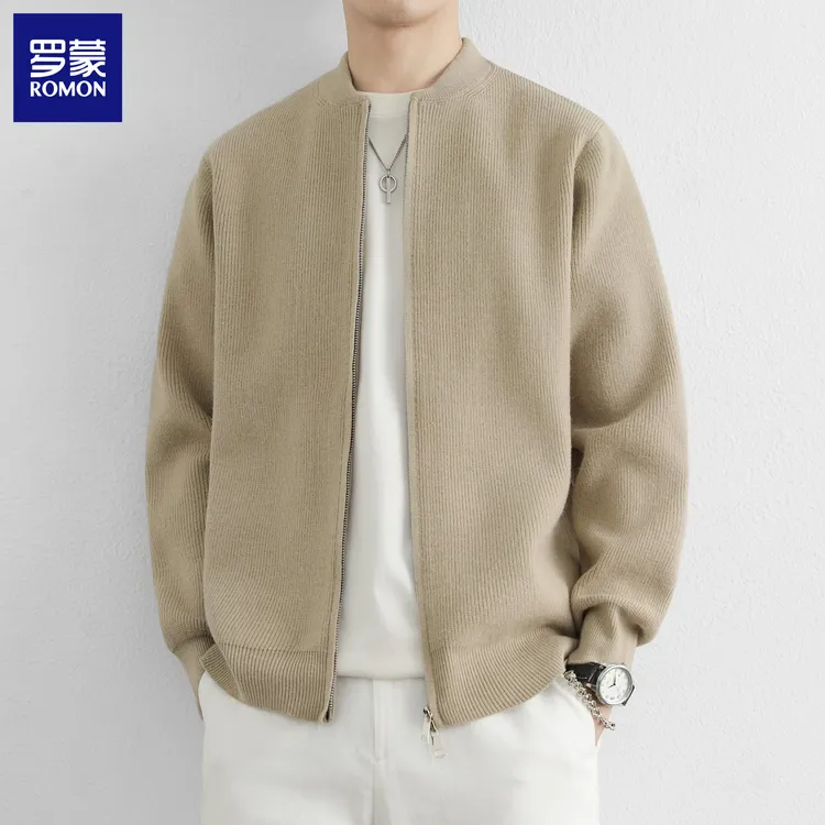 罗蒙男装春秋新款针织开衫高级感毛衣美式棒球领休闲夹克外套2025