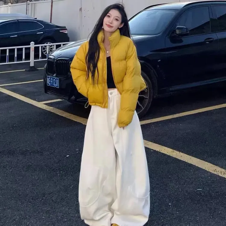 冬季网红新款抽绳拉链小棉服外套+高腰弯刀牛仔裤两件套