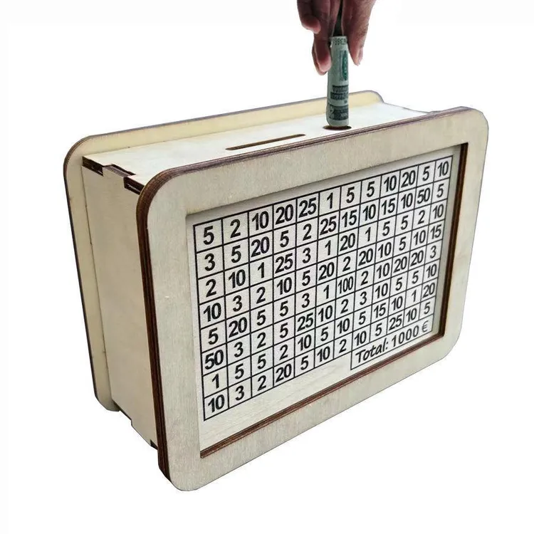 新型存钱罐一万元划数字储蓄每天一笔画记号计数存储盒仿木质