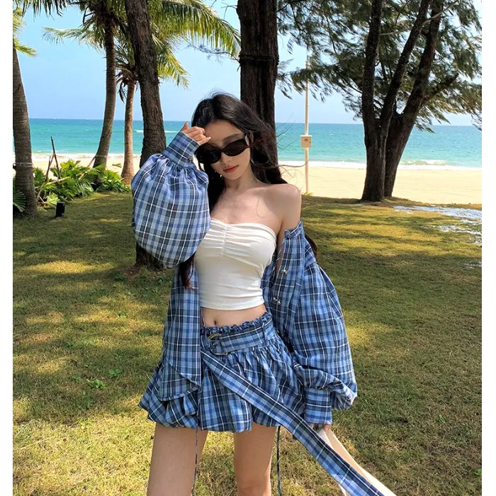 复古格纹长袖衬衫外套上衣女春季度假风套装高腰花苞半身裙三件套