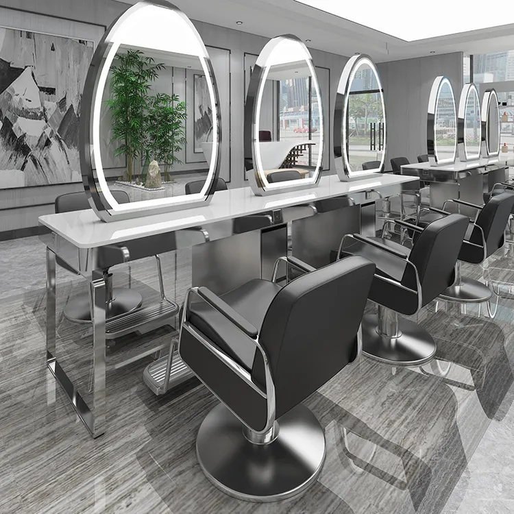 理发店网红款带柜单双面镜台美发店简约带灯烫染镜子发廊剪发圆镜