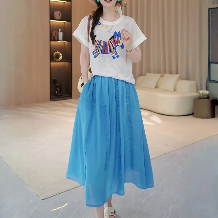 2025年夏季韩系温柔短袖t恤百搭半身裙套装减龄时尚度假穿搭套装