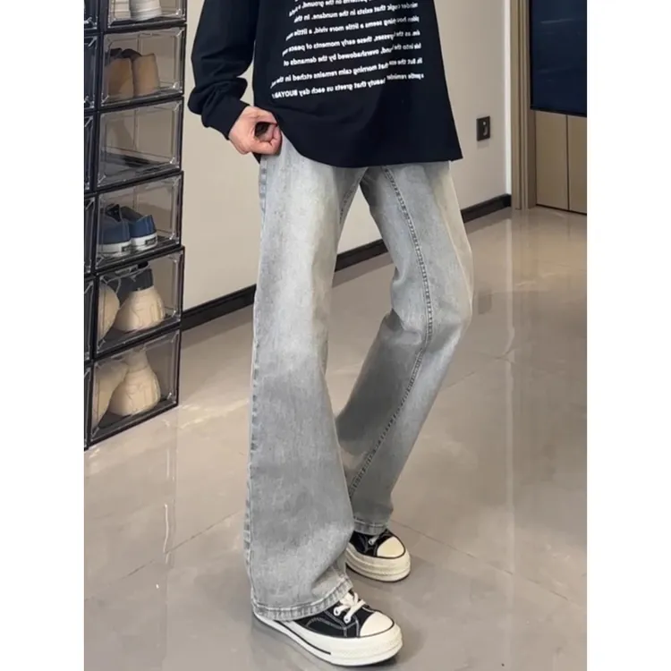 美式烟灰色微喇牛仔裤男款春秋季cleanfit潮牌裤子修身显瘦直筒裤