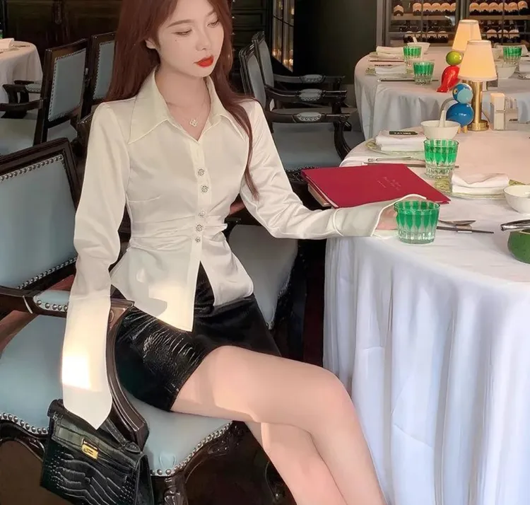 6601#法式气质纯欲风长袖收腰衬衫女春秋冬季修身显瘦掐腰上衣
