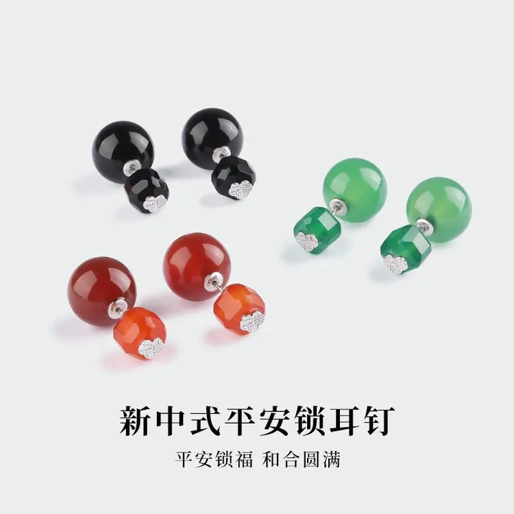 炙真银楼 足银耳饰 东方三缘色耳钉 前后两戴999纯银女款正品气质