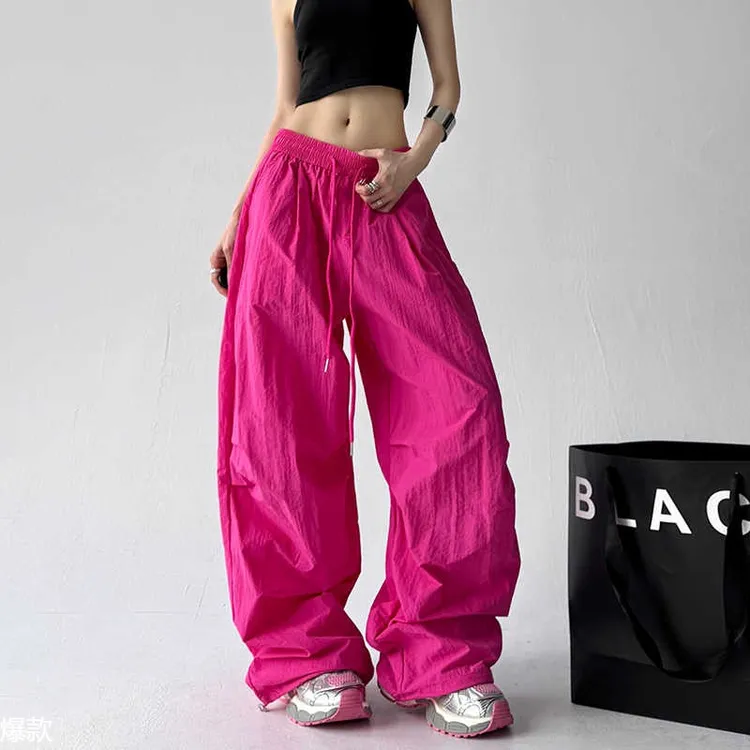 夏季透气轻薄工装裤女新款宽松直筒褶皱美式伞兵速干裤子