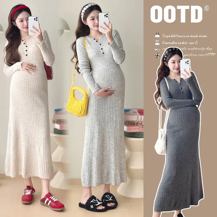 喜儿~2025秋冬毛衣孕妇法式针织坑条内搭打底长裙减龄百搭