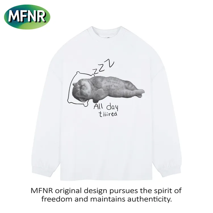 秋冬小众趣味百搭嗜睡小猫印花长袖男女街头圆领重磅纯棉打底上衣
