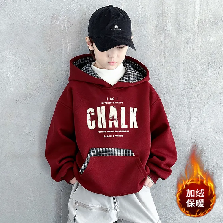 男童红色连帽卫衣加绒加厚2025新款儿童本命年衣服中大童上衣秋冬