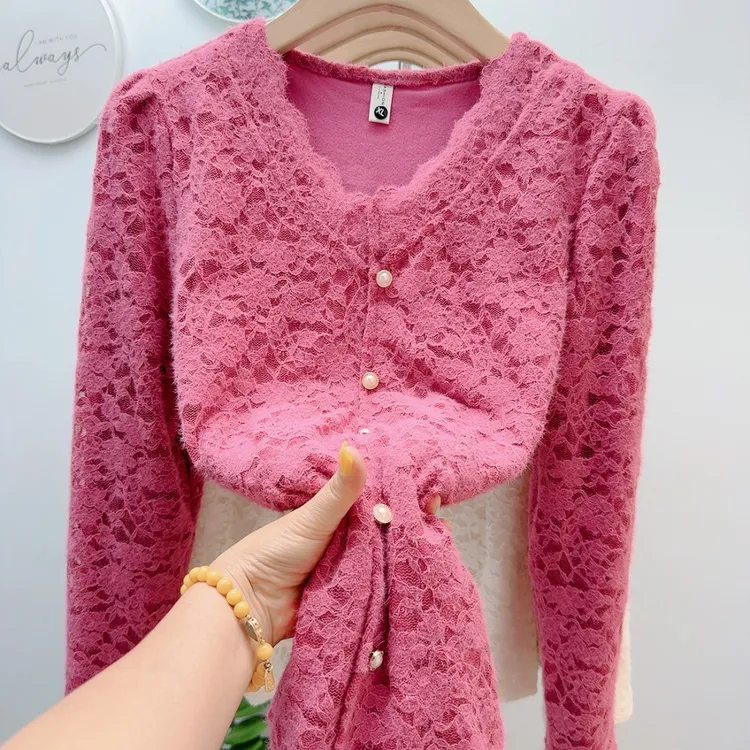 时尚网纱蕾丝打底衫秋冬加绒显瘦V领内搭上衣木耳领宽松衬衫洋气