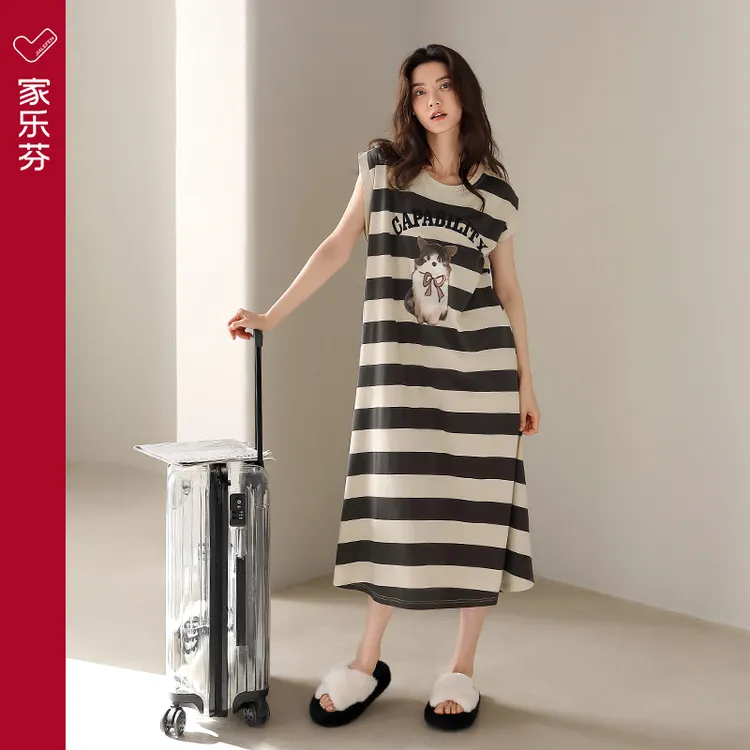 家乐芬睡裙女睡衣夏季夏天莫代尔短袖裙子大码条纹长款休闲可外穿