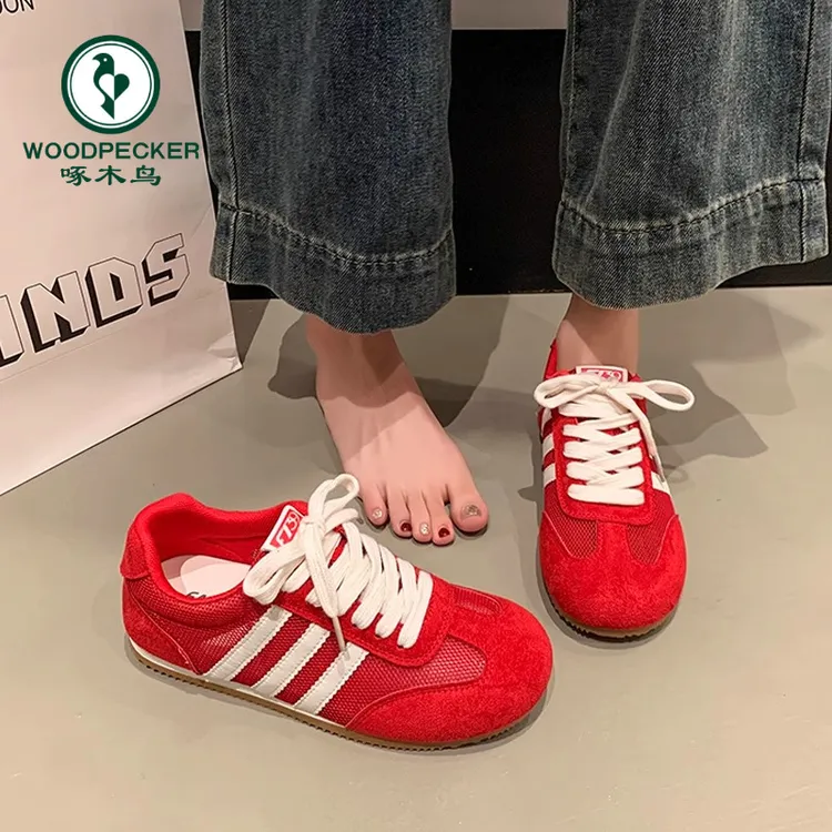 啄木鸟红色德训鞋女2025新款夏季薄款网面透气阿甘鞋运动休闲板鞋