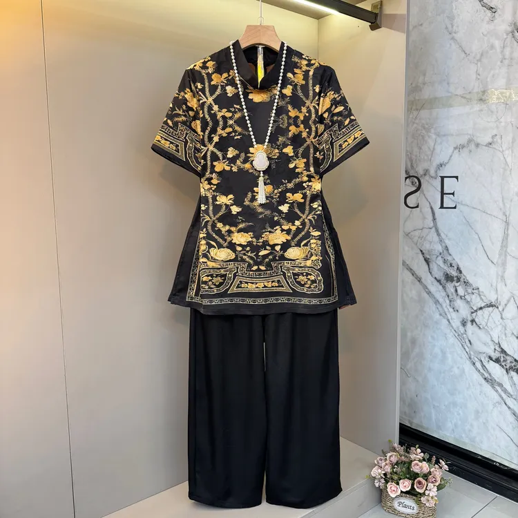 2025新中式国风复古撞色明线印花显贵老钱风上衣+暗花9分裤7188